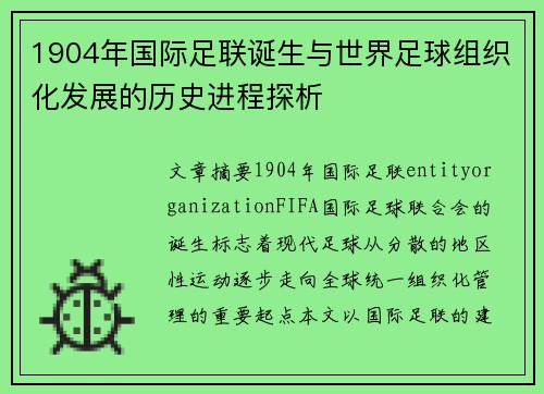 1904年国际足联诞生与世界足球组织化发展的历史进程探析